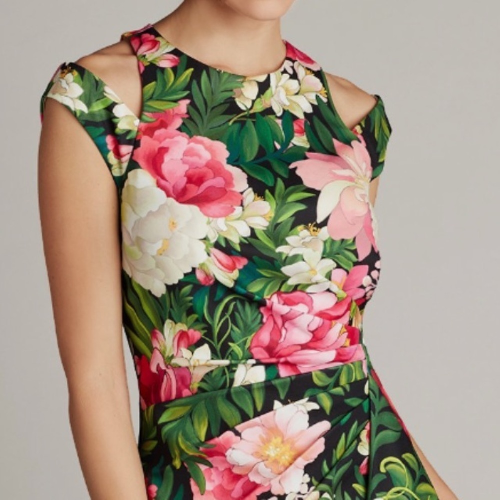 Tadashi Shoji ZORA FLORAL SHOULDER CUT-OUT DRESS SZ Medium Tropical Ruffle Sexy - Picture 4 of 16